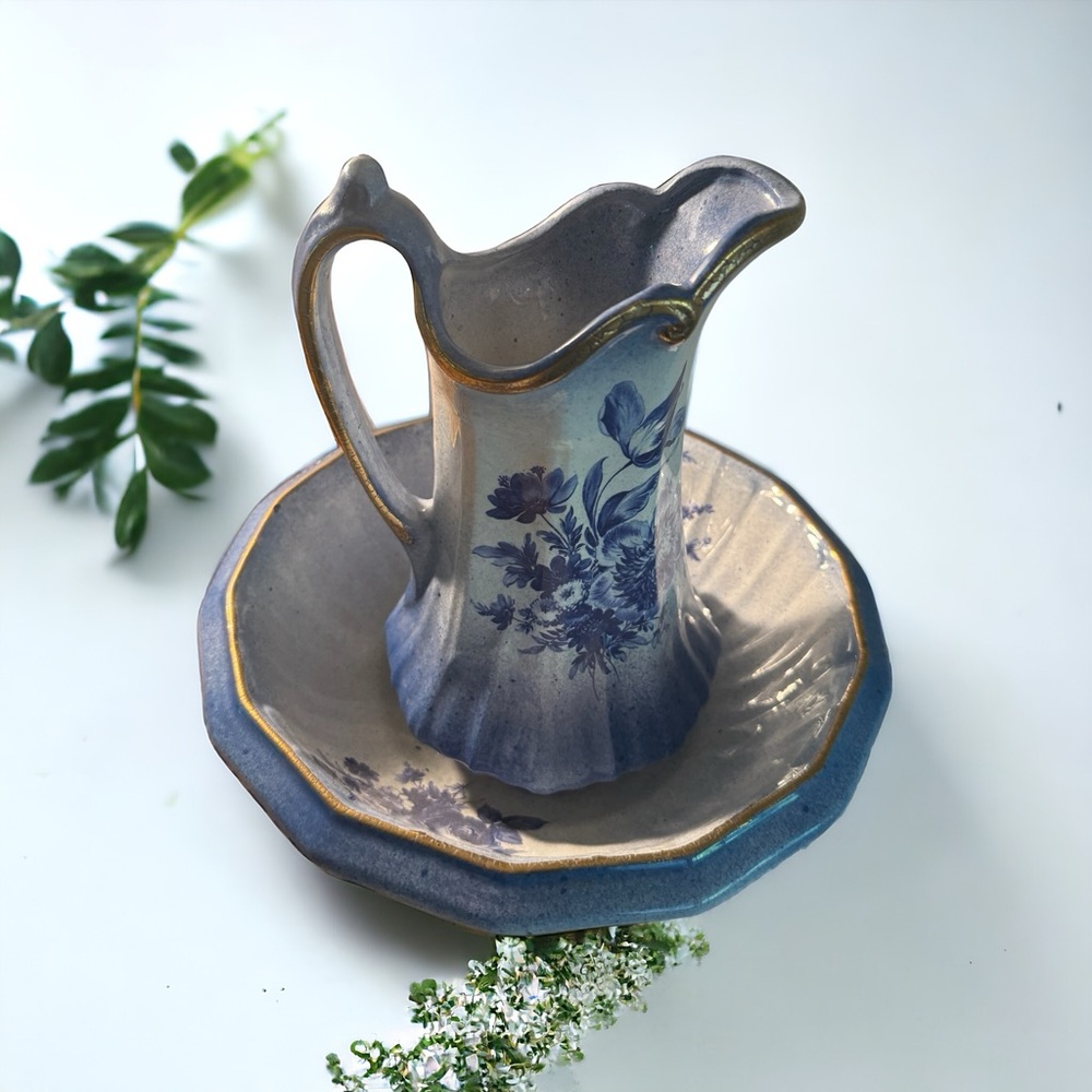 Vintage wash bowl and pitcher with blue floral design